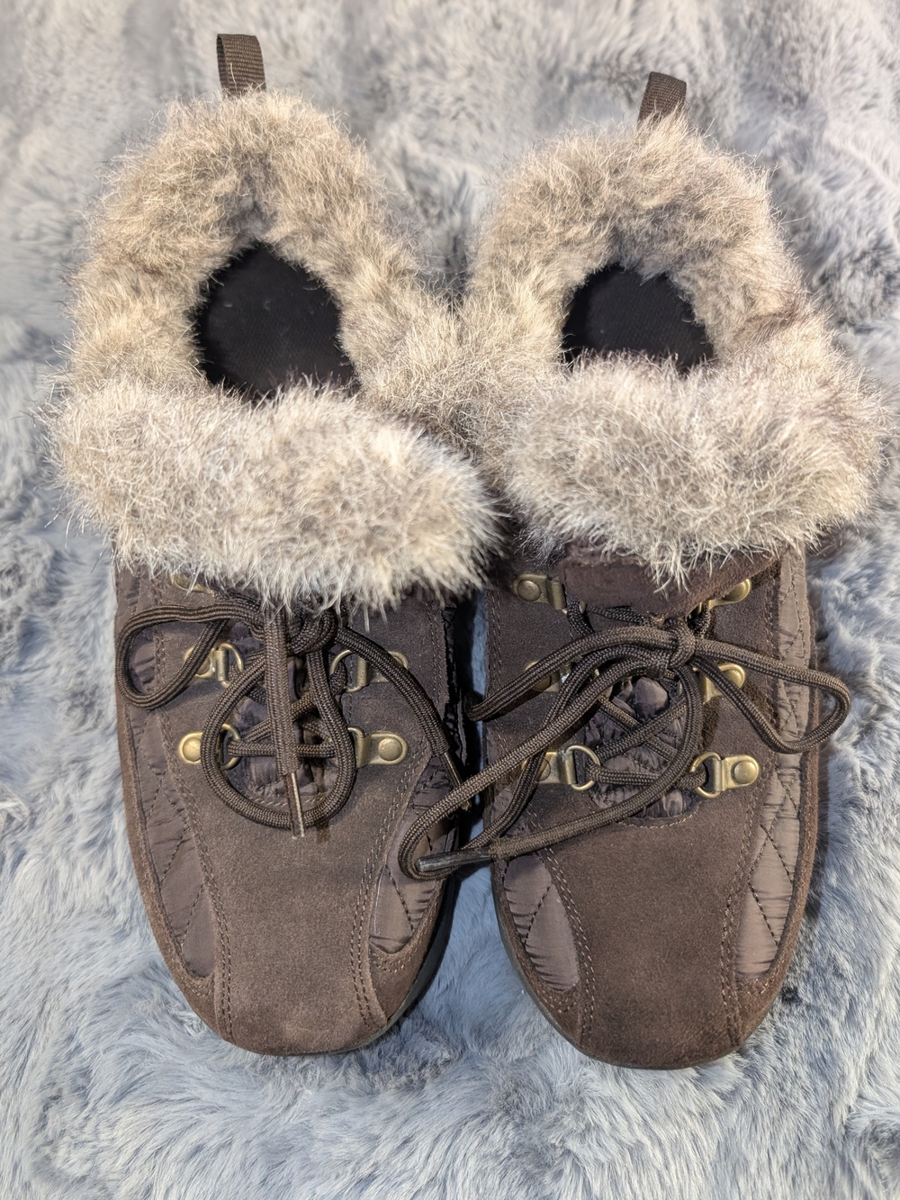 Lands End Faux-Fur Trim Brown Women's Winter Lace-Up Booties